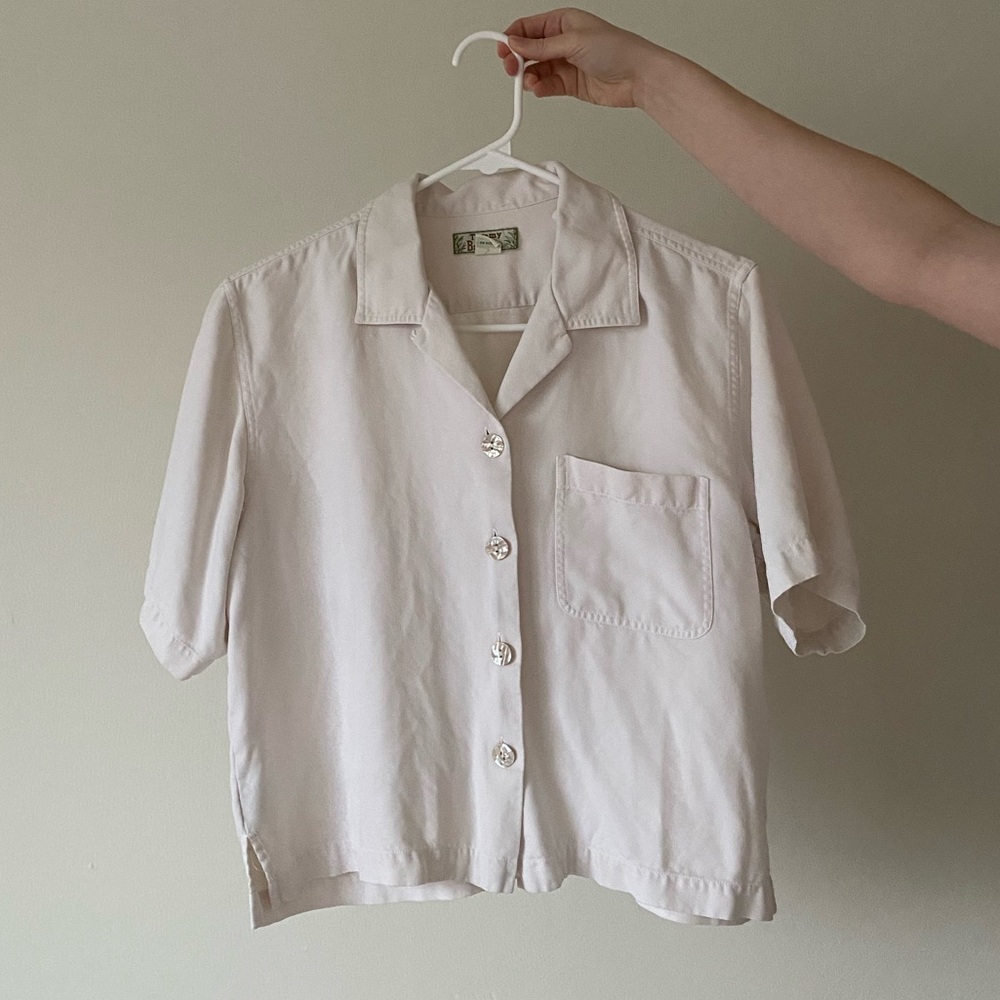 Cream/Off-white Tommy Bahama Silk Cayman Camp Cropped Shirt Size S